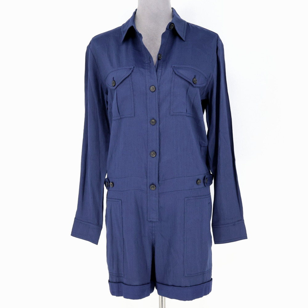 Vince Romper Womens 6 Blue Linen Blend Stretch Buttons Pockets Cuffed Shorts